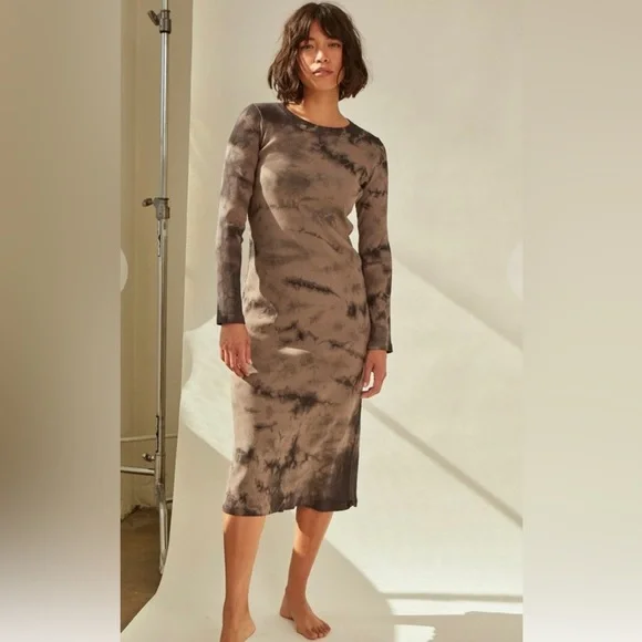 brown tie dye long sleeve dress NWT Windsor Drawstring Ruched Long Sleeve Brown Tie Dye Dress Size-M